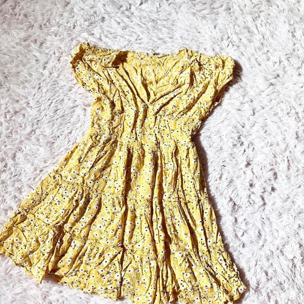 Butter Yellow Cottage Core Floral Prairie Peasant Tiered Dress Womens L Boho